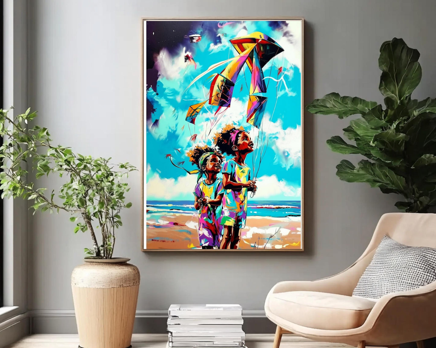 Black Kids Flying Kites | African American Art | Colorful Abstract Canvas Print | Joyful Childhood Art | Beach Wall Art