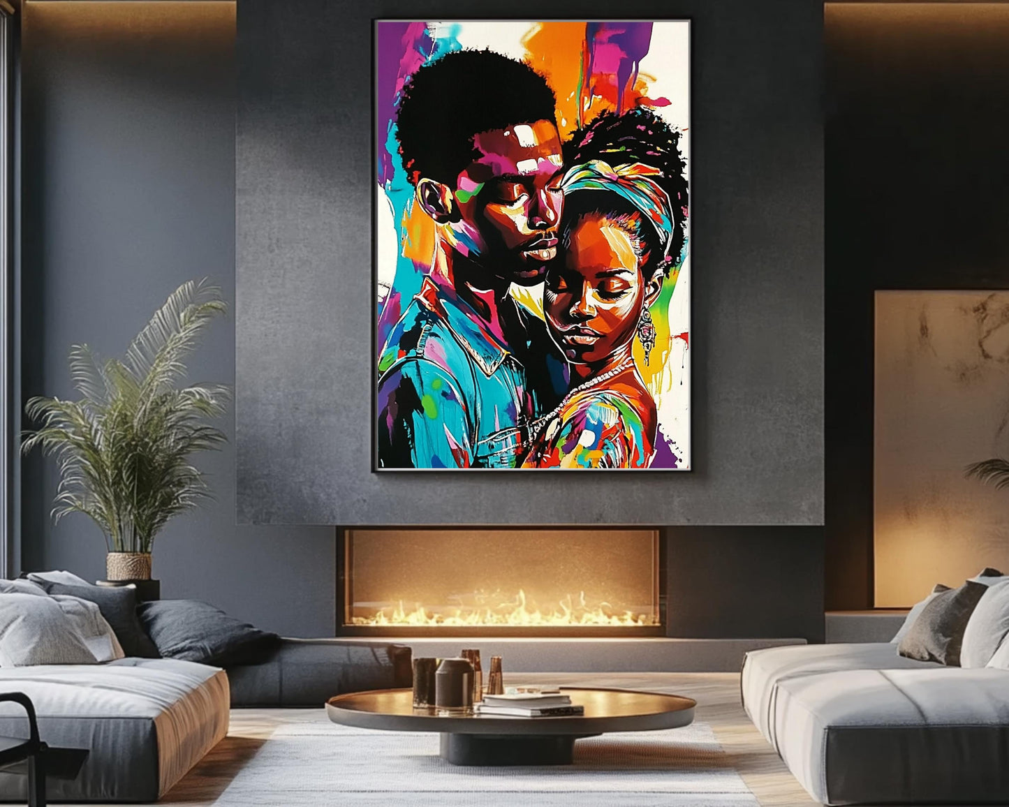 Black Couple in Love | African American Art | Colorful Abstract Canvas Print | Intimate Couple Wall Art | Modern Home Decor