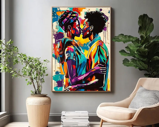 Black Couple Kissing | African American Art | Colorful Abstract Canvas Print | Romantic Couple Wall Art | Modern Home Decor