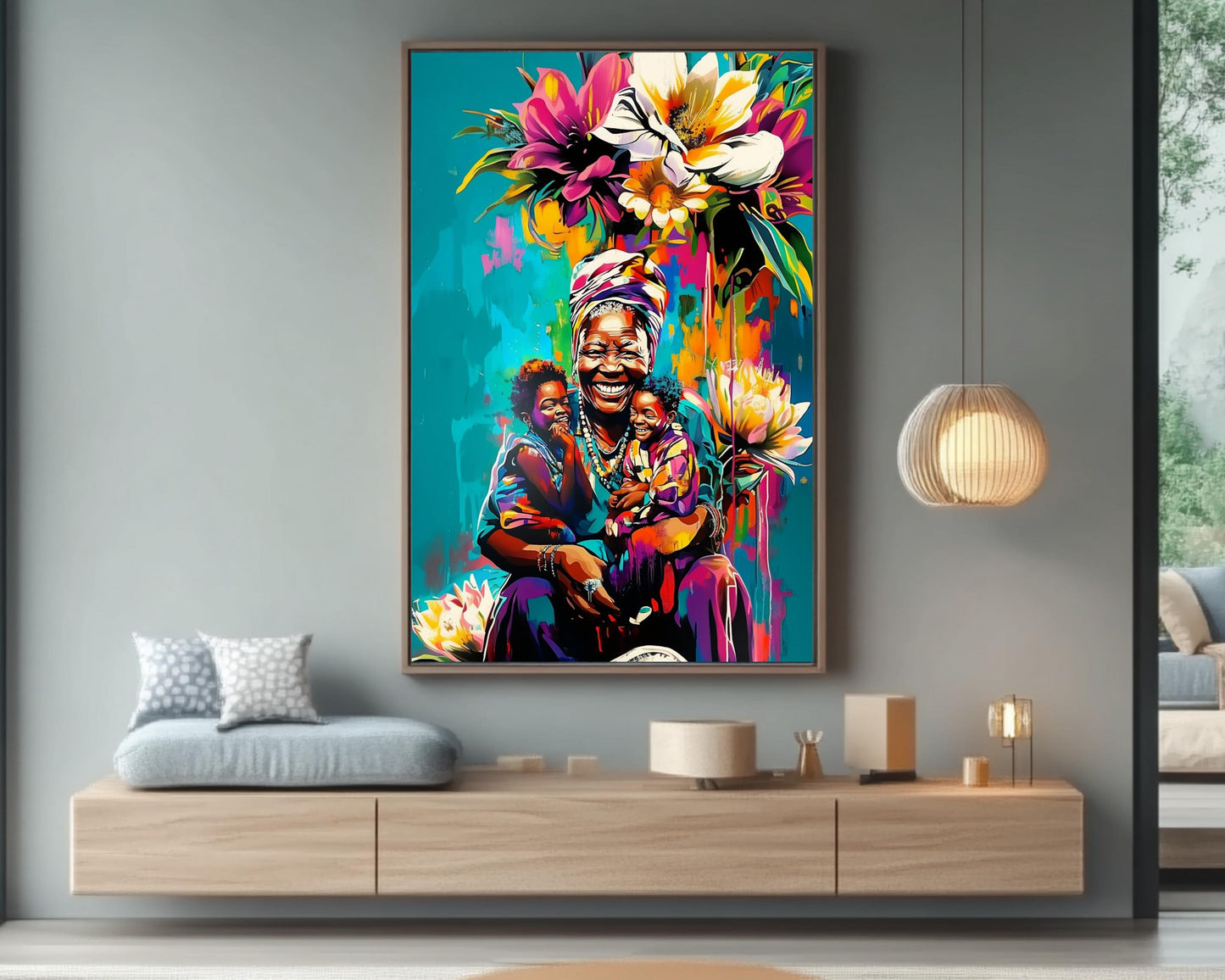 Black Grandmother with Grandchildren | African American Art | Colorful Abstract Canvas Print | Family Love Wall Art | Joyful Home Decor