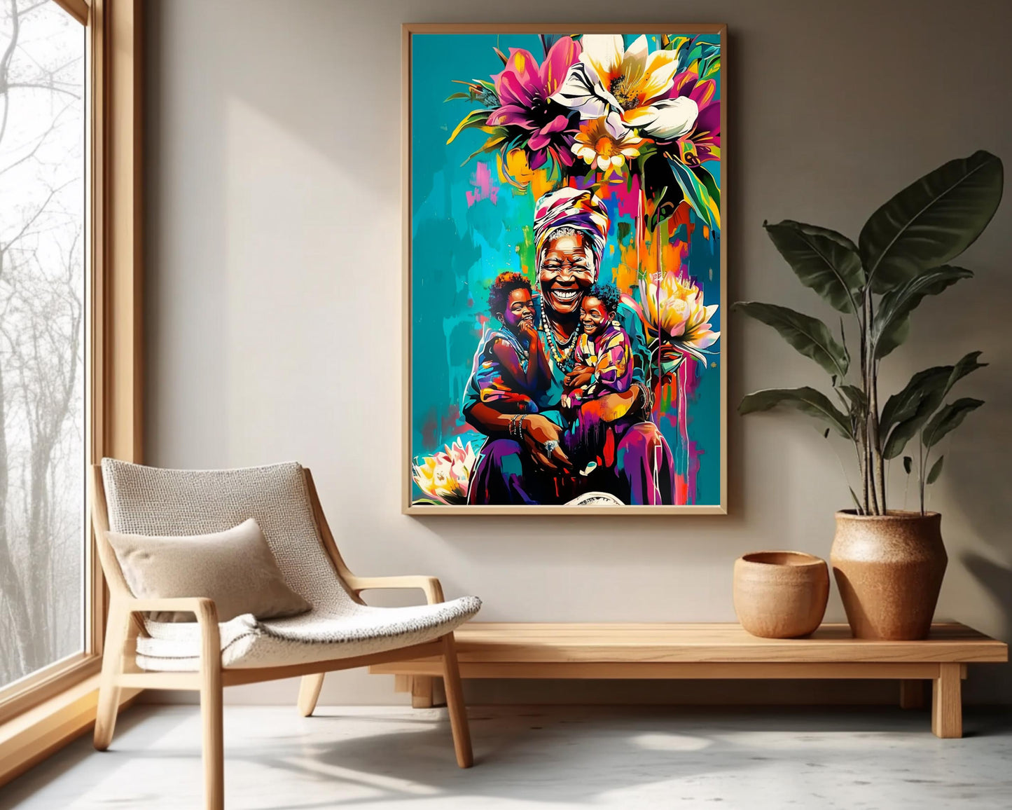 Black Grandmother with Grandchildren | African American Art | Colorful Abstract Canvas Print | Family Love Wall Art | Joyful Home Decor