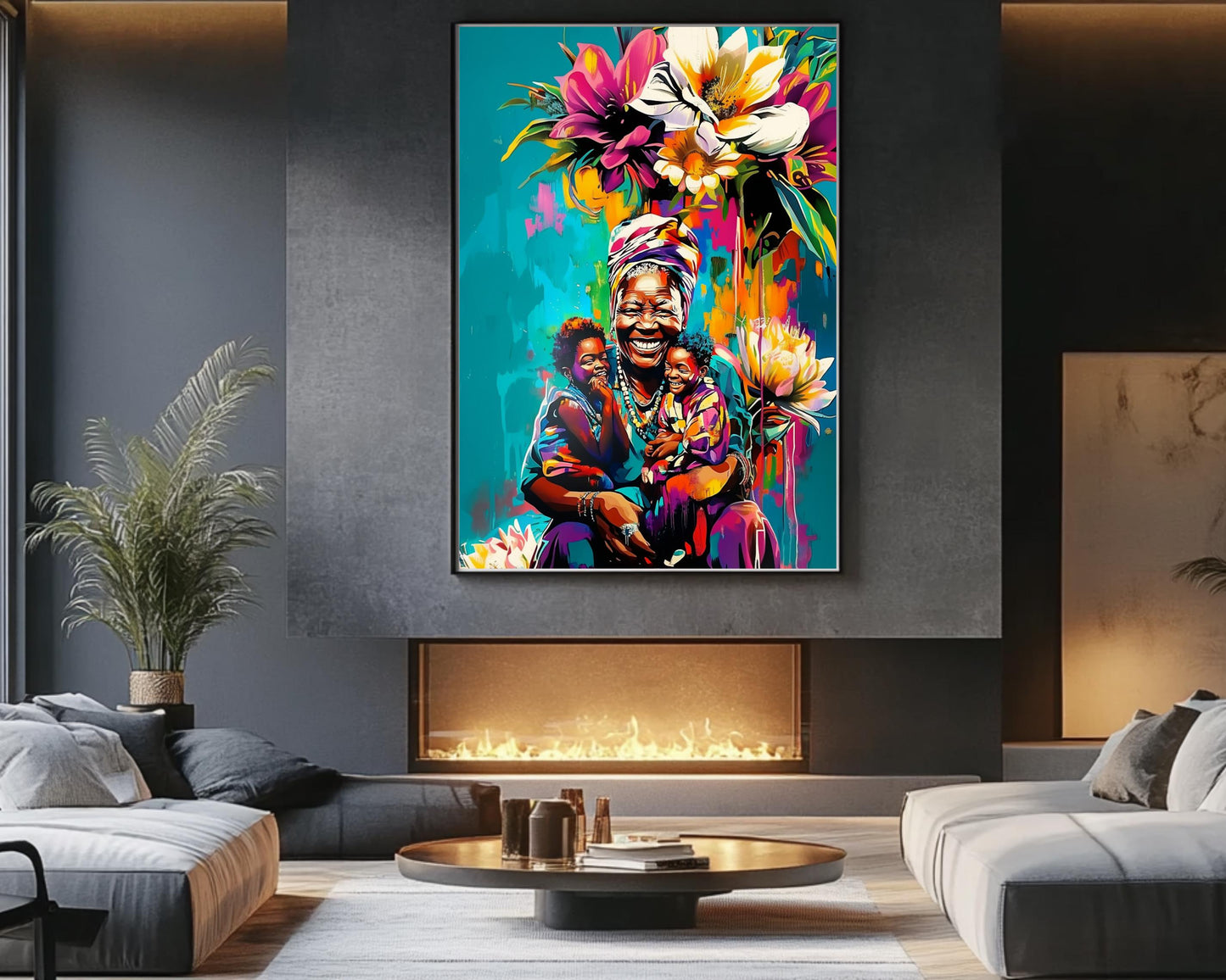 Black Grandmother with Grandchildren | African American Art | Colorful Abstract Canvas Print | Family Love Wall Art | Joyful Home Decor