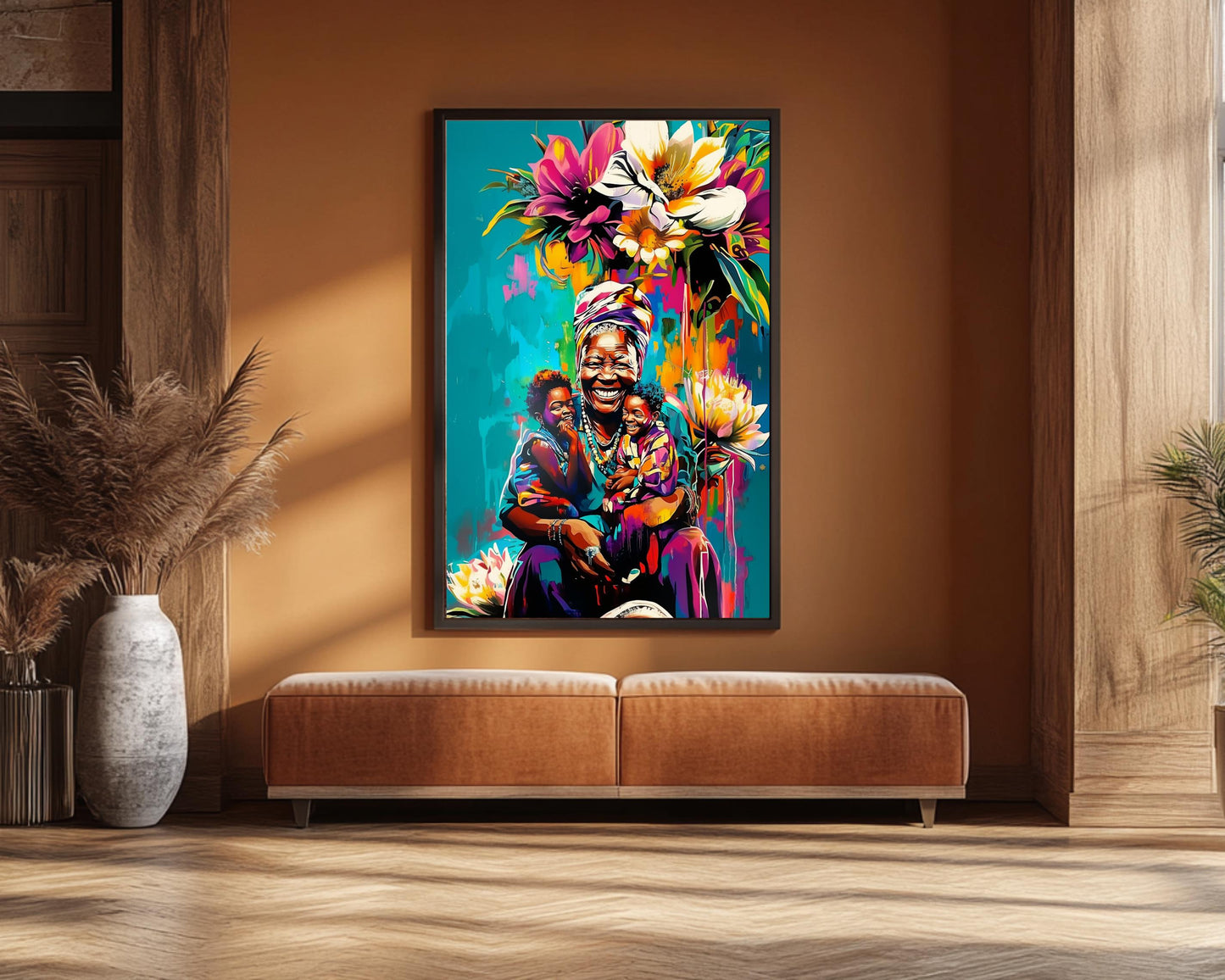 Black Grandmother with Grandchildren | African American Art | Colorful Abstract Canvas Print | Family Love Wall Art | Joyful Home Decor