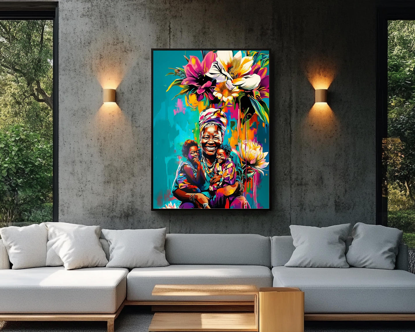 Black Grandmother with Grandchildren | African American Art | Colorful Abstract Canvas Print | Family Love Wall Art | Joyful Home Decor