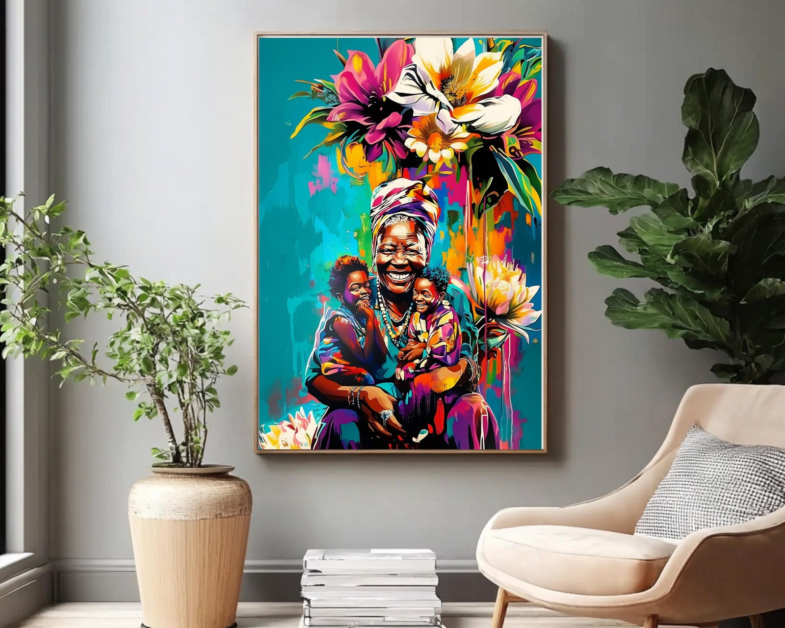 Grandmother and kids embracing joyfully, vibrant african american wall art capturing love and family connection.