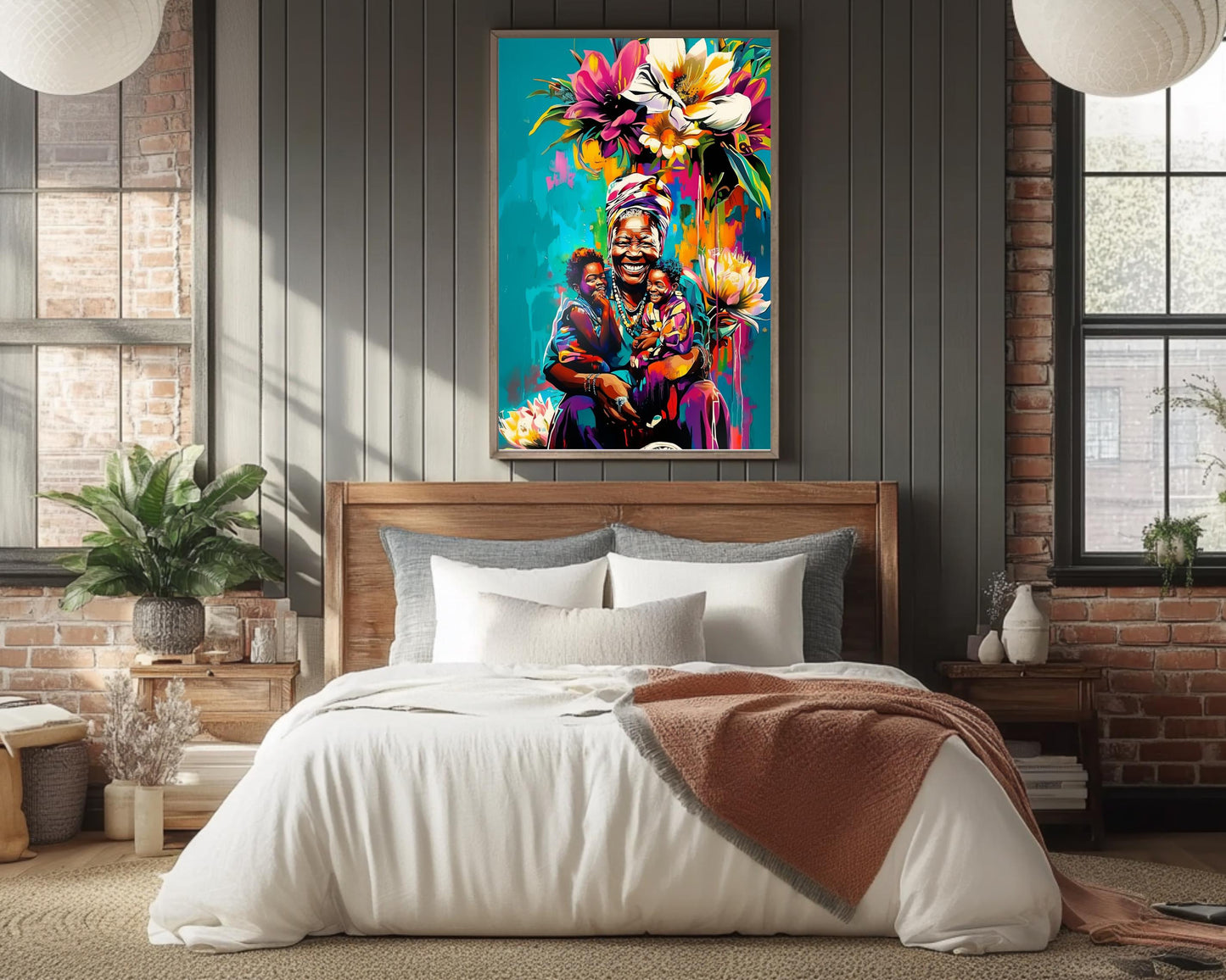 Black Grandmother with Grandchildren | African American Art | Colorful Abstract Canvas Print | Family Love Wall Art | Joyful Home Decor