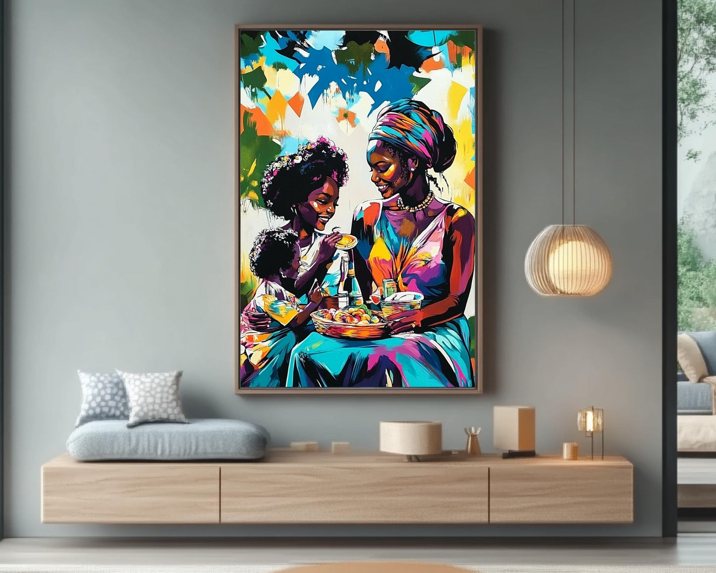 Black Family Sharing Meal | African American Art | Colorful Abstract Canvas Print | Family Bond Wall Art | Joyful Home Decor