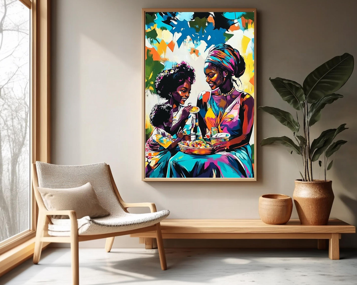 Black Family Sharing Meal | African American Art | Colorful Abstract Canvas Print | Family Bond Wall Art | Joyful Home Decor