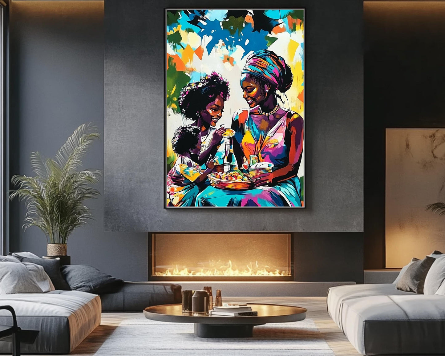 Black Family Sharing Meal | African American Art | Colorful Abstract Canvas Print | Family Bond Wall Art | Joyful Home Decor