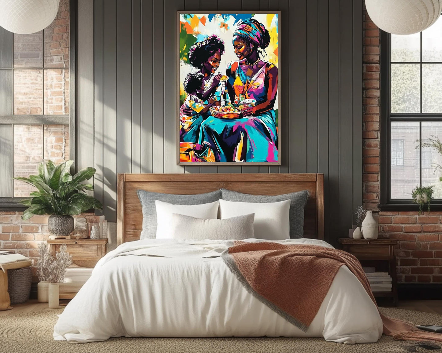 Black Family Sharing Meal | African American Art | Colorful Abstract Canvas Print | Family Bond Wall Art | Joyful Home Decor