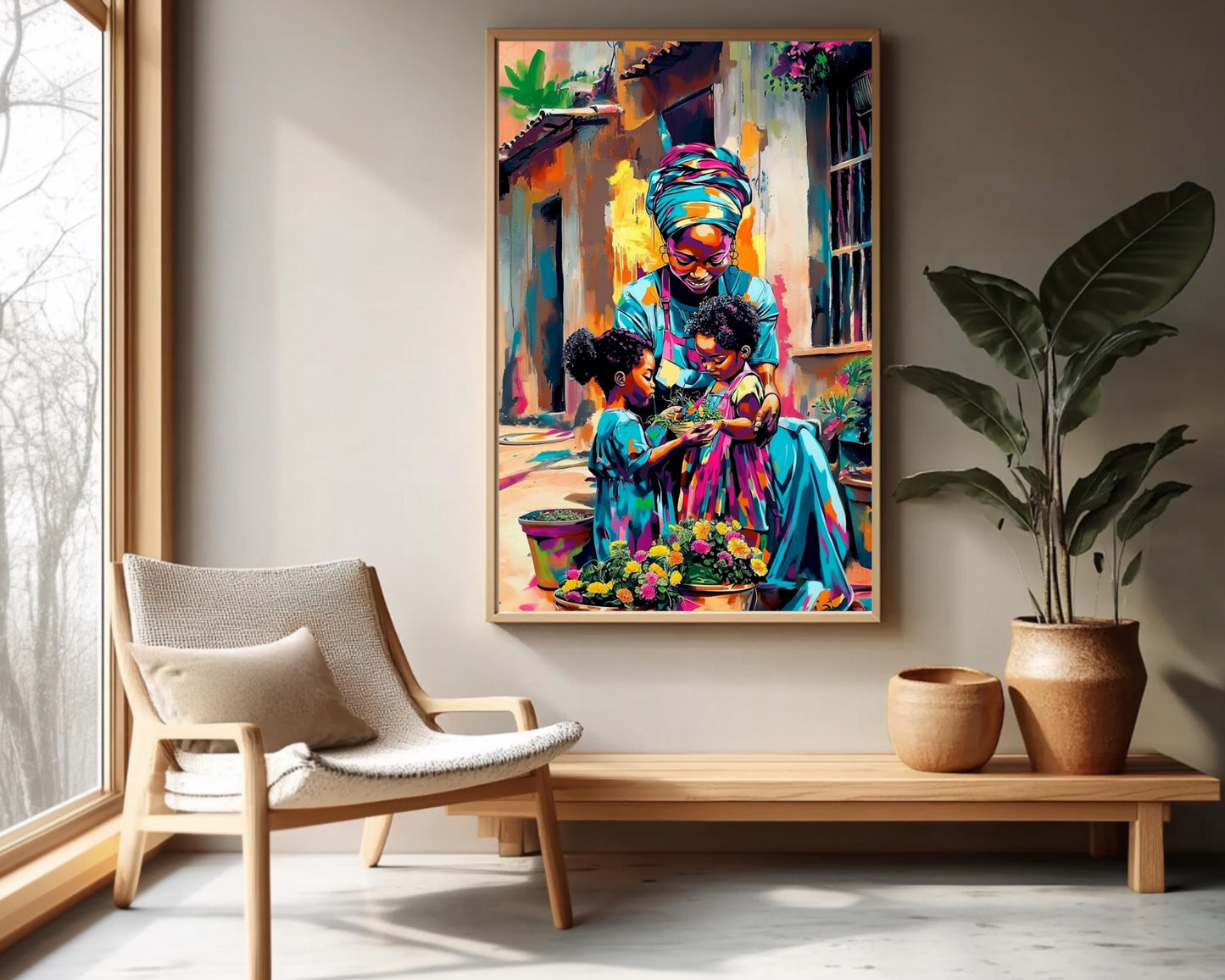 Black Grandmother and Children Gardening | African American Art | Colorful Abstract Canvas Print | Family Bond Wall Art | Joyful Home Decor