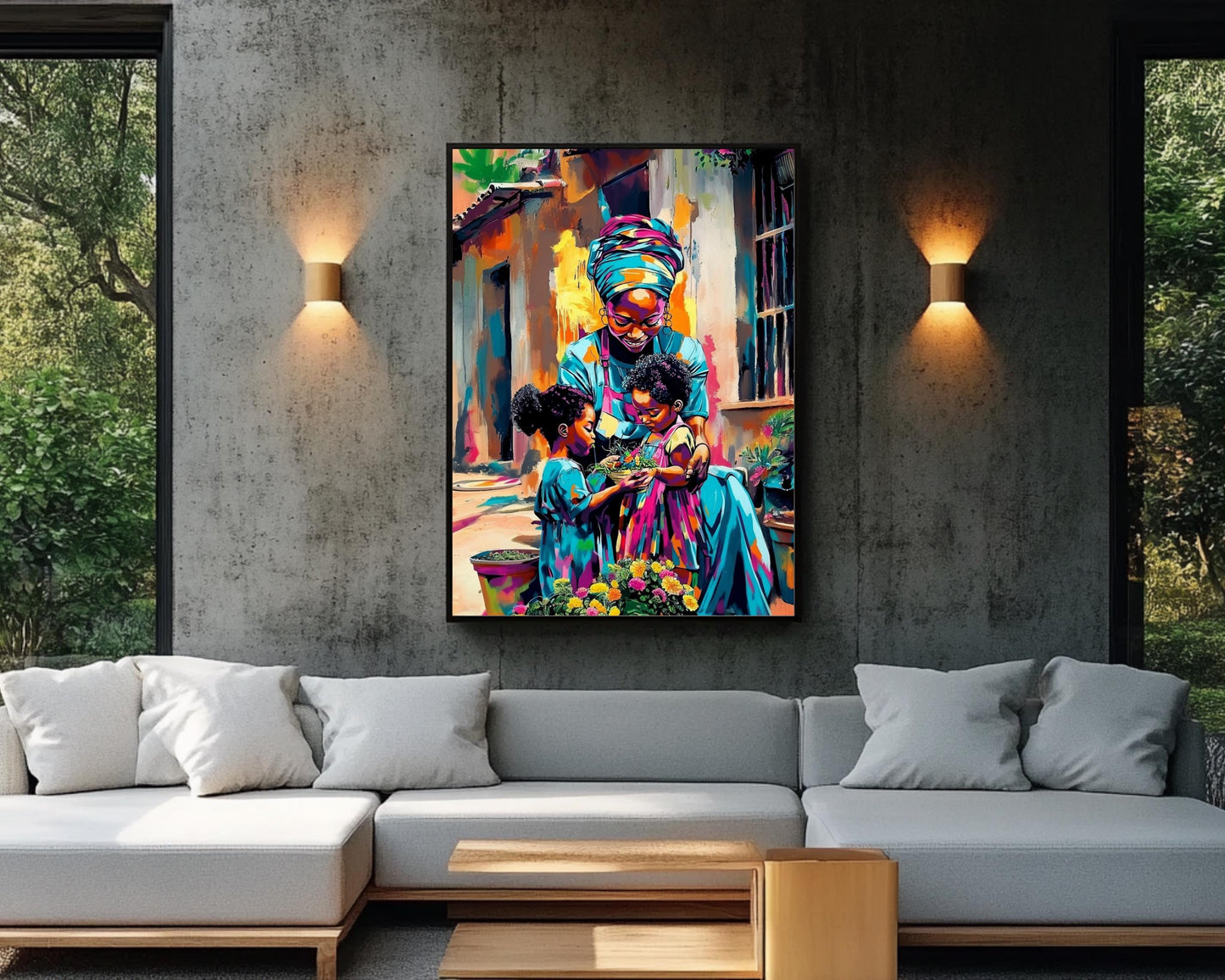 Black Grandmother and Children Gardening | African American Art | Colorful Abstract Canvas Print | Family Bond Wall Art | Joyful Home Decor