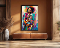 Vibrant african american wall art featuring a stunning portrait of a woman surrounded by colorful abstract patterns.