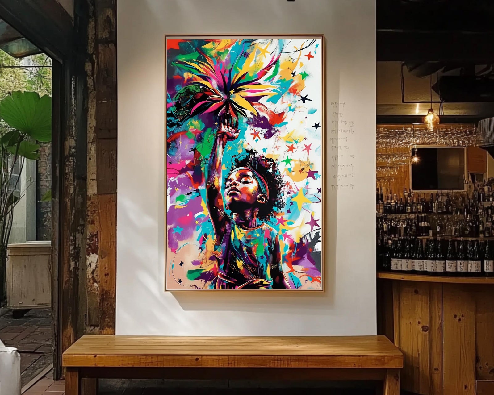 Reach for Stars Black Girl African American wall art featuring a young girl reaching towards a starry sky.