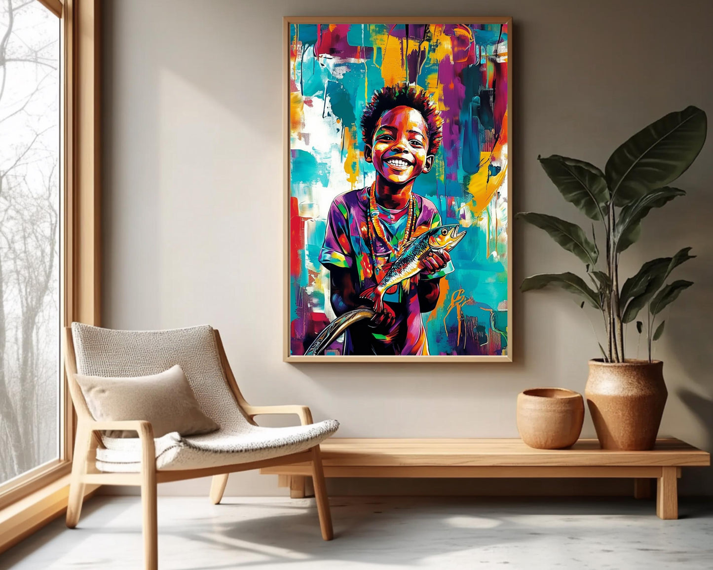 Black Boy Fishing | African American Art | Colorful Abstract Canvas Print | Joyful Youth Wall Art | Vibrant Home Decor