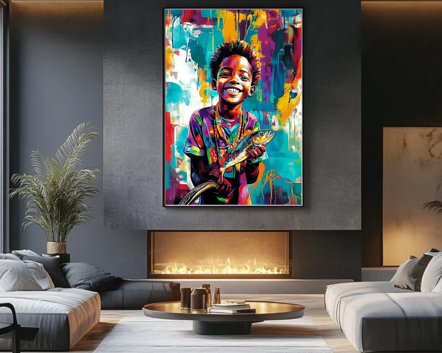 Black Boy Fishing | African American Art | Colorful Abstract Canvas Print | Joyful Youth Wall Art | Vibrant Home Decor