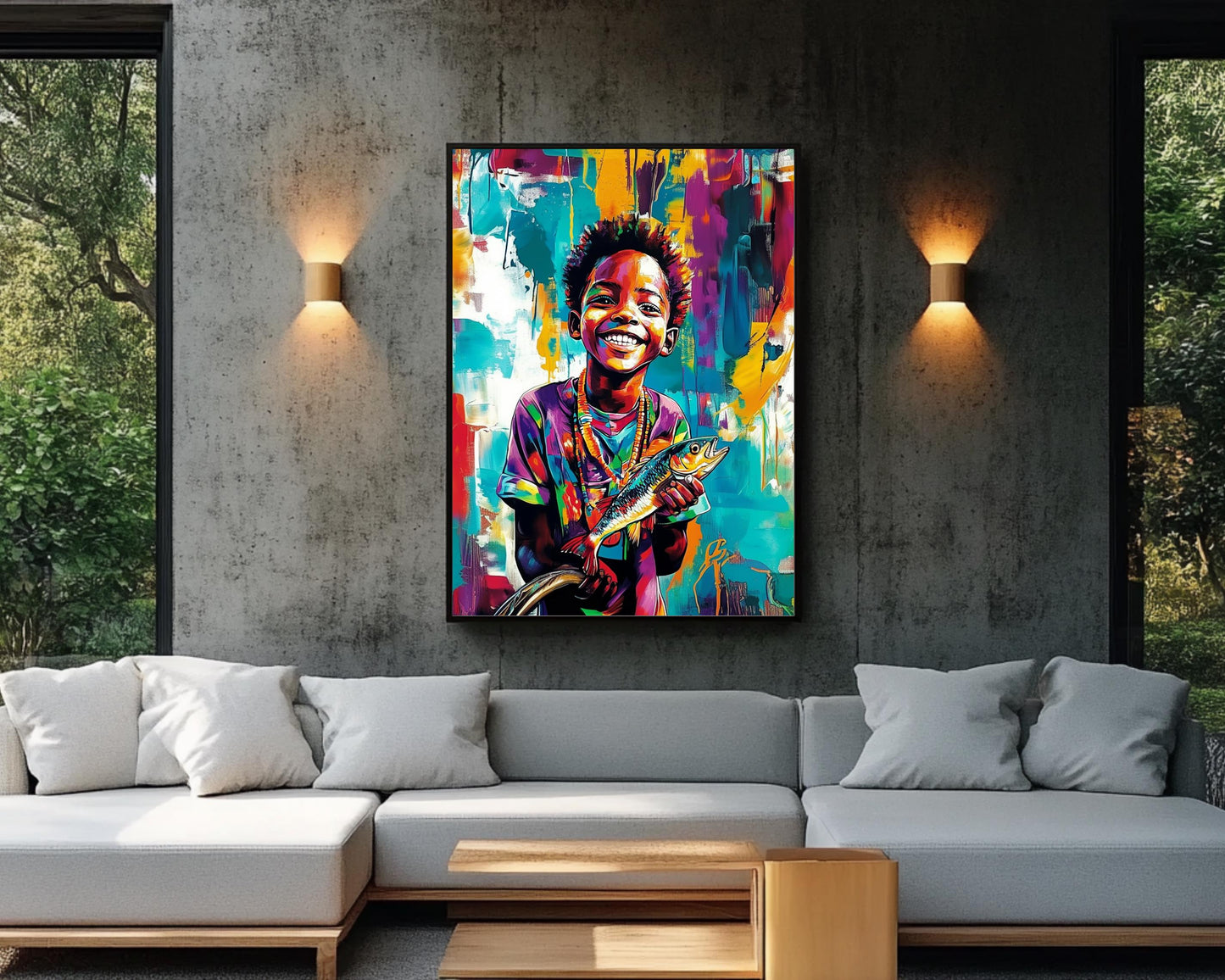 Black Boy Fishing | African American Art | Colorful Abstract Canvas Print | Joyful Youth Wall Art | Vibrant Home Decor