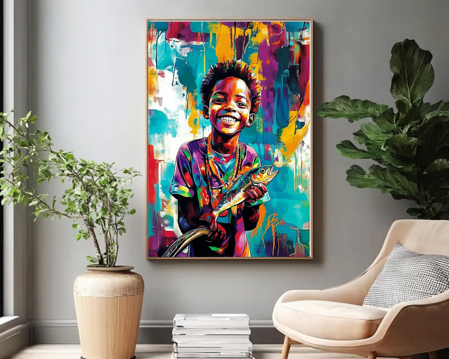 Black Boy Fishing | African American Art | Colorful Abstract Canvas Print | Joyful Youth Wall Art | Vibrant Home Decor