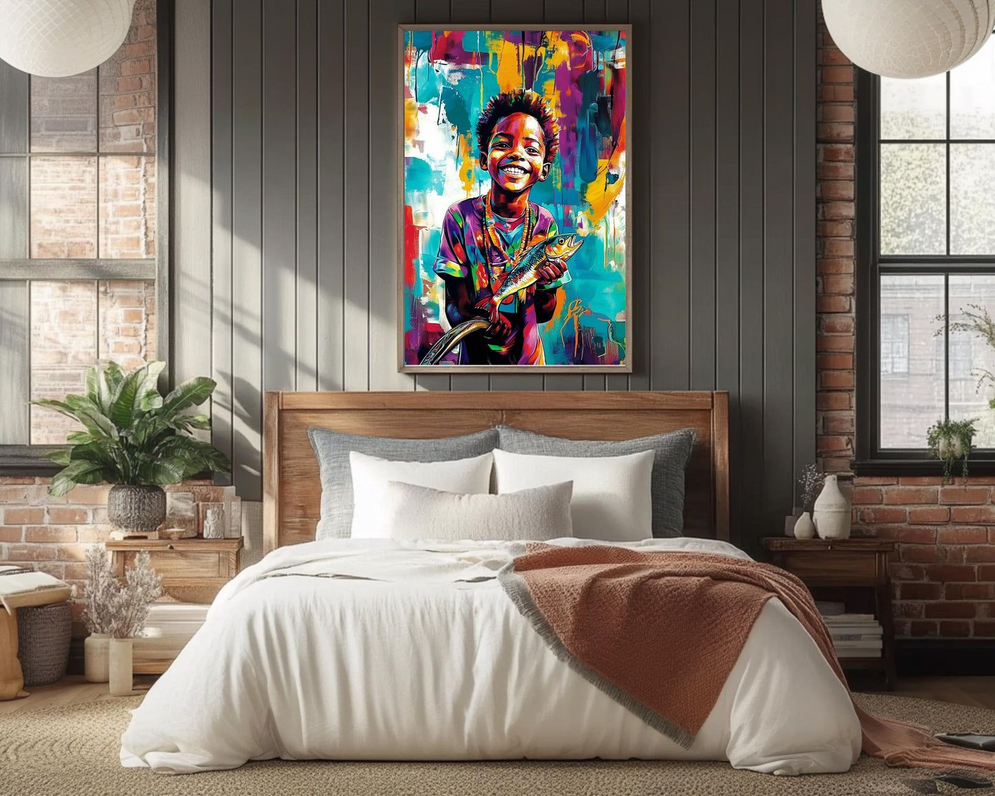 Black Boy Fishing | African American Art | Colorful Abstract Canvas Print | Joyful Youth Wall Art | Vibrant Home Decor