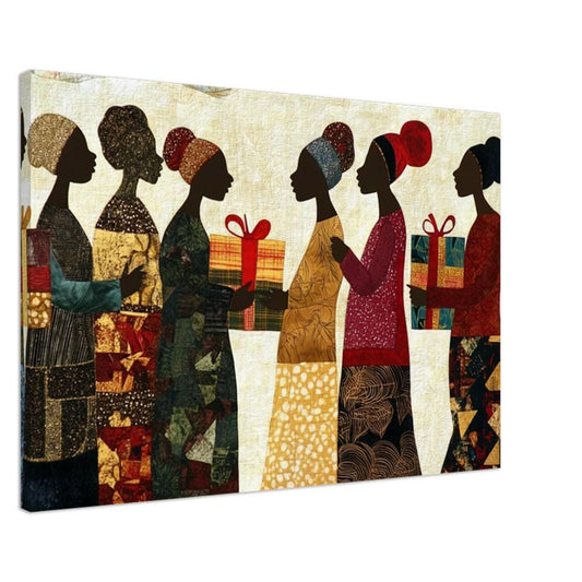 Faith Ringgold-Inspired Quilt Art | Black Women Exchanging Gifts | African American Cultural Wall Decor