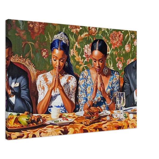 Black Family in Prayer Before Dinner | African American Art | Spiritual Unity Canvas Print | Elegant Religious Wall Art | Modern Home Decor