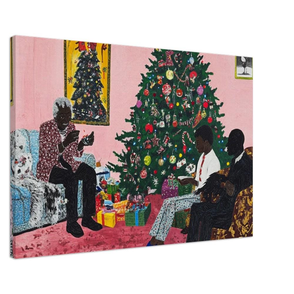 Black family celebrating Christmas in a joyful scene, perfect for african american wall art.