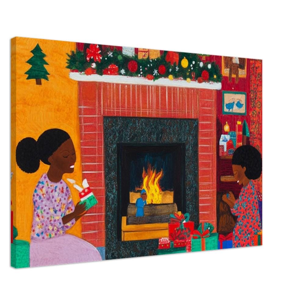 Black Family Opening Christmas Presents by the Fireplace | African American Holiday Art | Quilt-Style Christmas Art |Christmas Decor