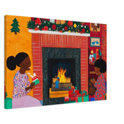 Christmas Morning Black Family wall art featuring a joyful African American family celebrating together.