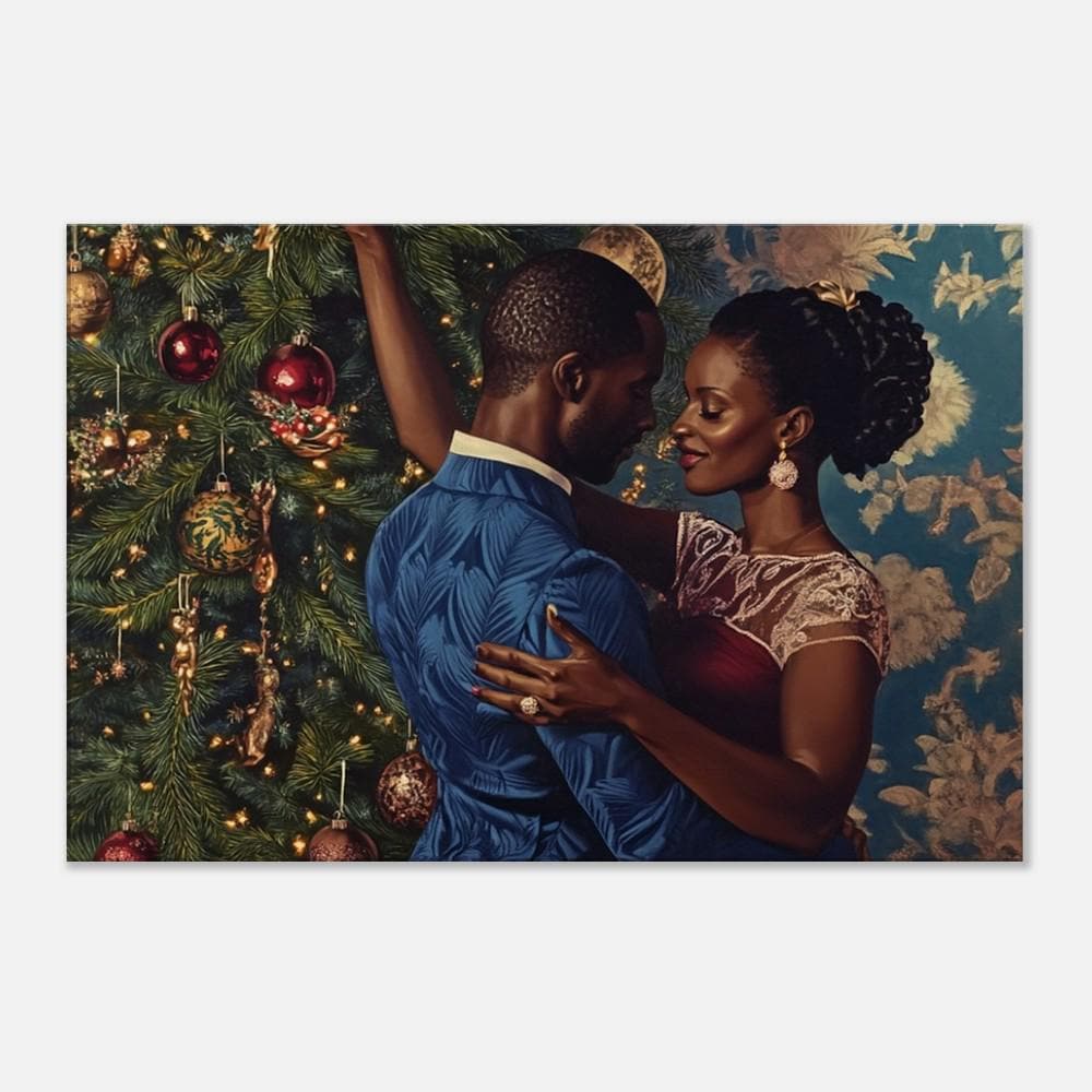 Black couple celebrating Christmas, depicted in vibrant colors, perfect for African American wall art decor.