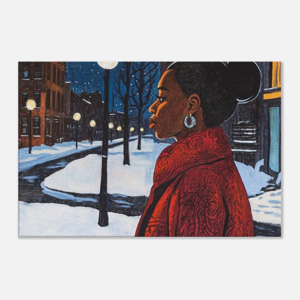 Black Woman Walking in Snowy Neighborhood | African American Winter Art | Peaceful Night Scene Canvas | Winter Home Decor