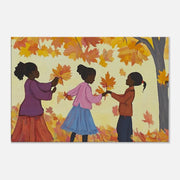 Black children joyfully playing in fall leaves, capturing the essence of autumn joy in vibrant african american wall art.