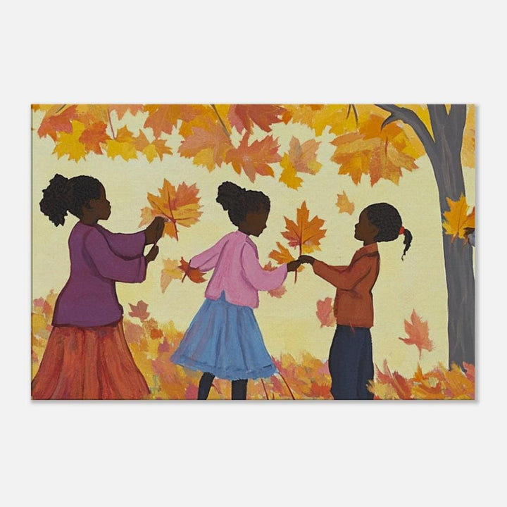 Black children joyfully playing in fall leaves, capturing the essence of autumn joy in vibrant african american wall art.