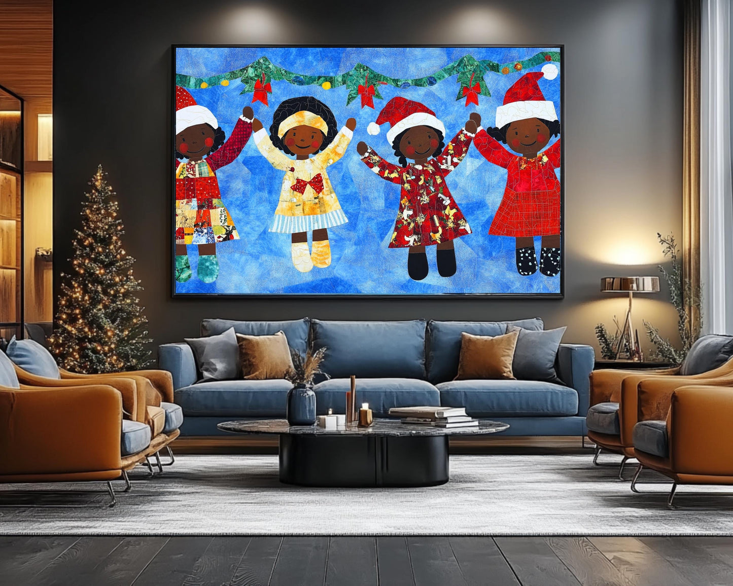 Faith Ringgold Quilt-Style Christmas Art | Black Children Holiday Decor | African American Wall Art