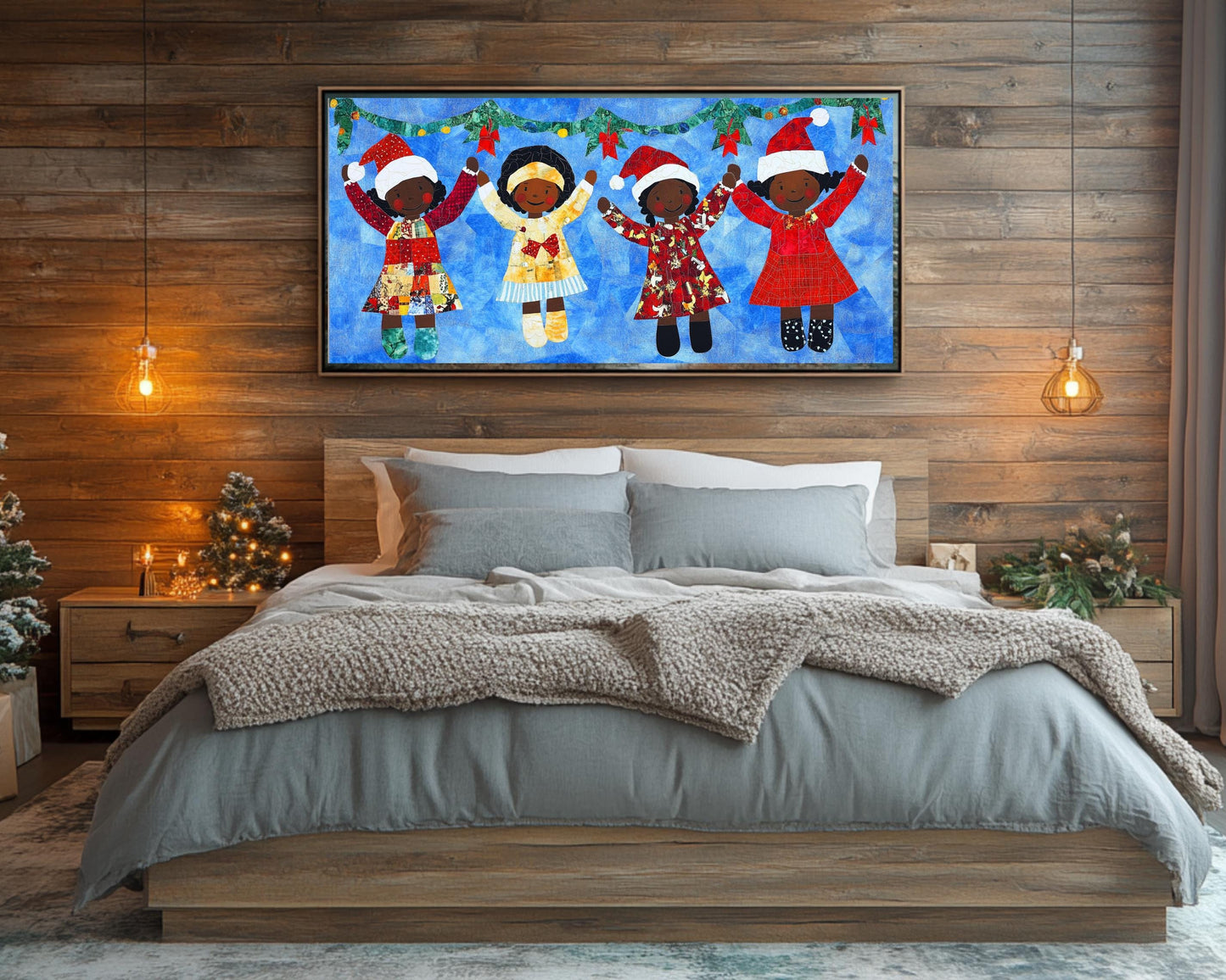 Faith Ringgold Quilt-Style Christmas Art | Black Children Holiday Decor | African American Wall Art