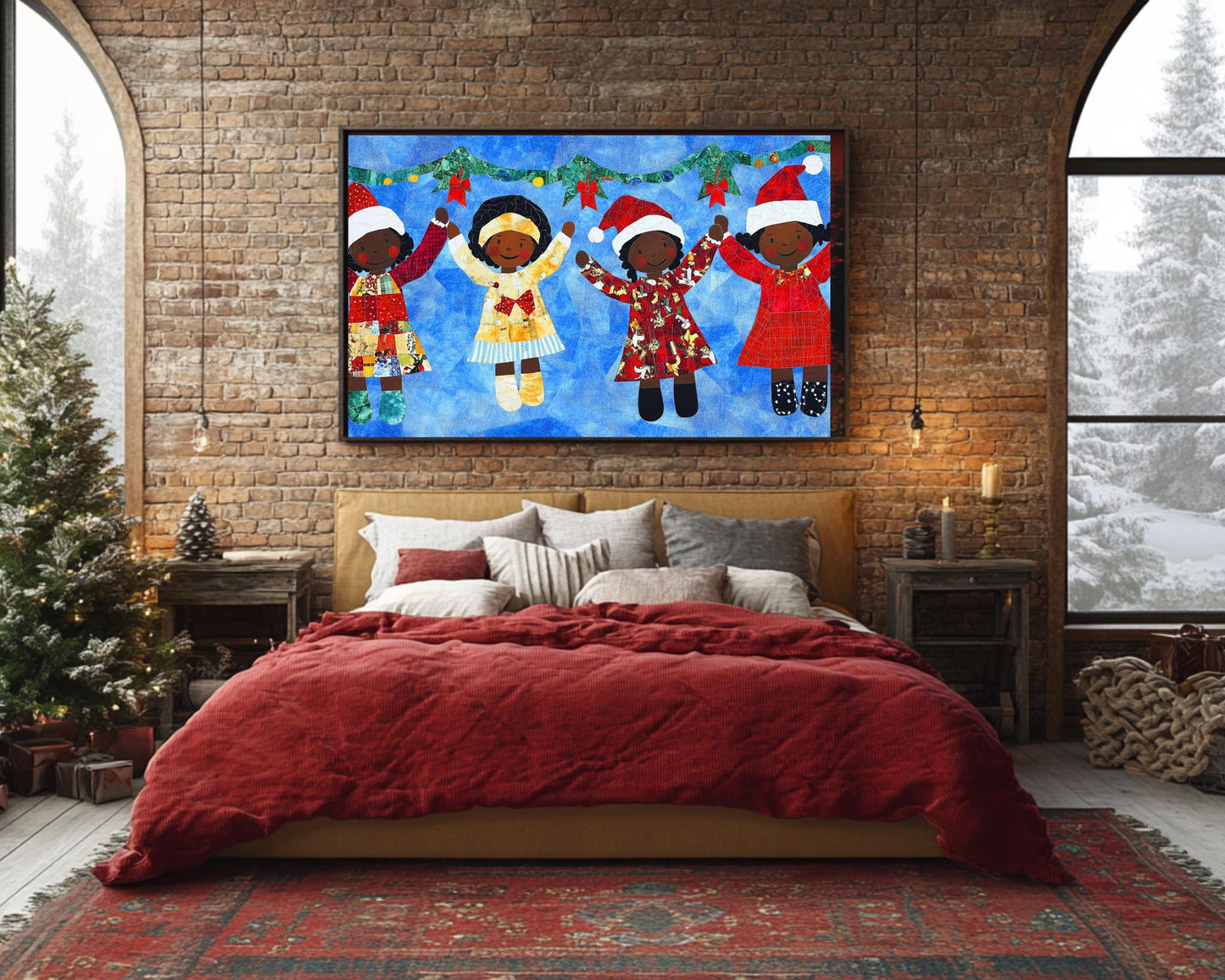 Faith Ringgold Quilt-Style Christmas Art | Black Children Holiday Decor | African American Wall Art