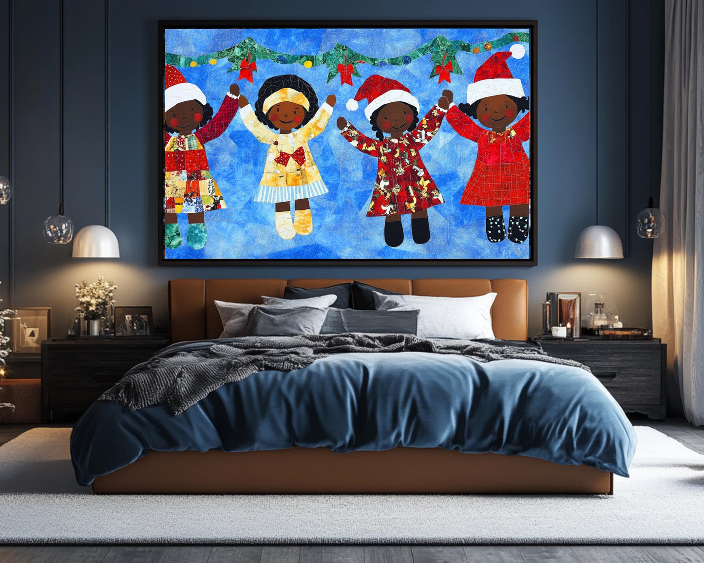 Faith Ringgold Quilt-Style Christmas Art | Black Children Holiday Decor | African American Wall Art