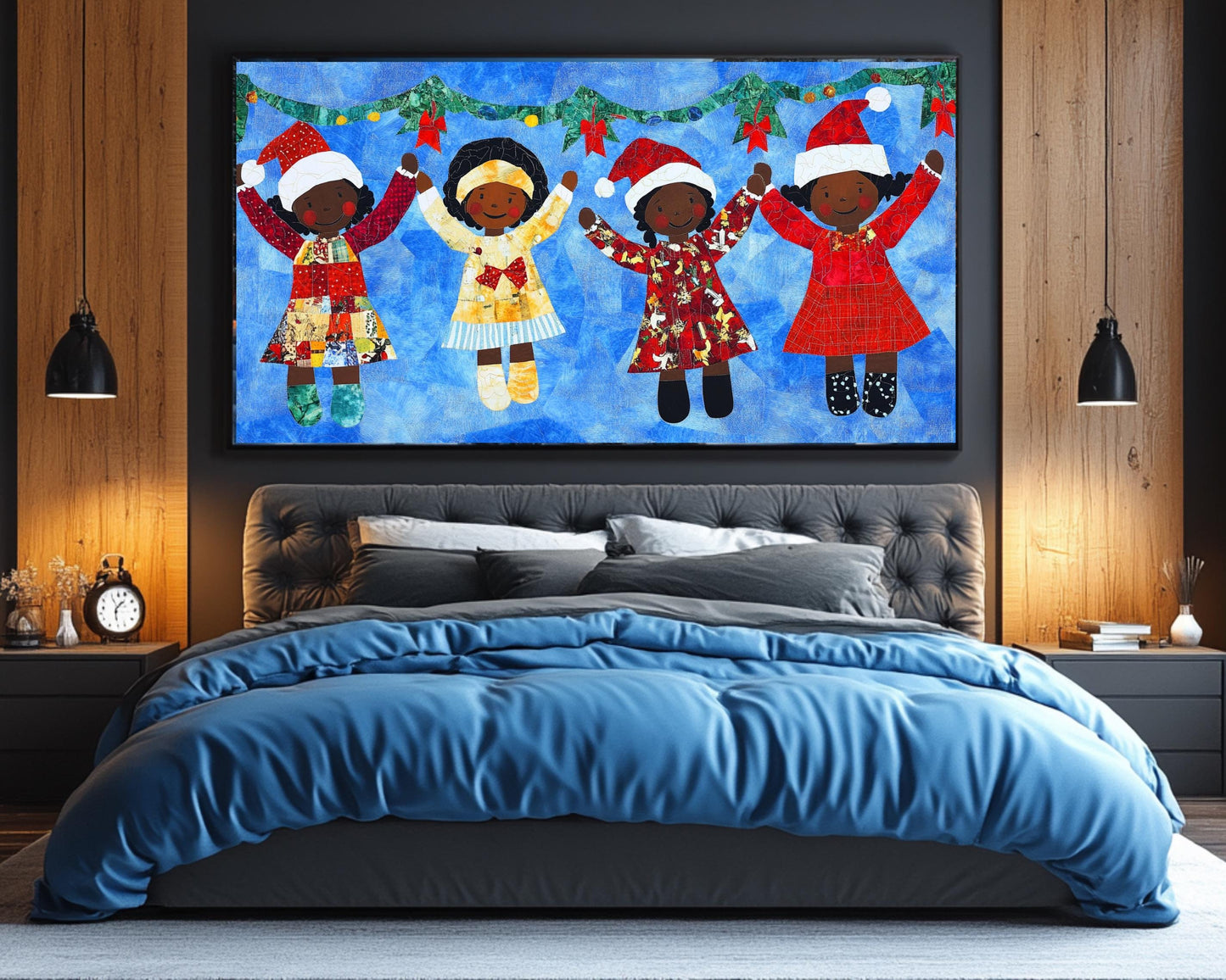 Faith Ringgold Quilt-Style Christmas Art | Black Children Holiday Decor | African American Wall Art