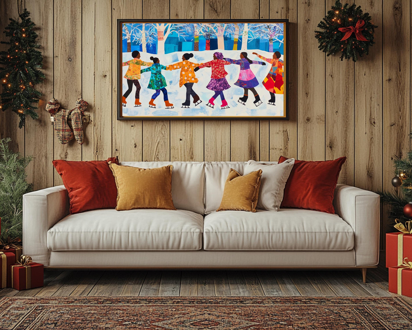 Quilt-Style Ice Skating Scene | Black Joy in Winter | Faith Ringgold-Inspired Wall Art | Colorful African American Art