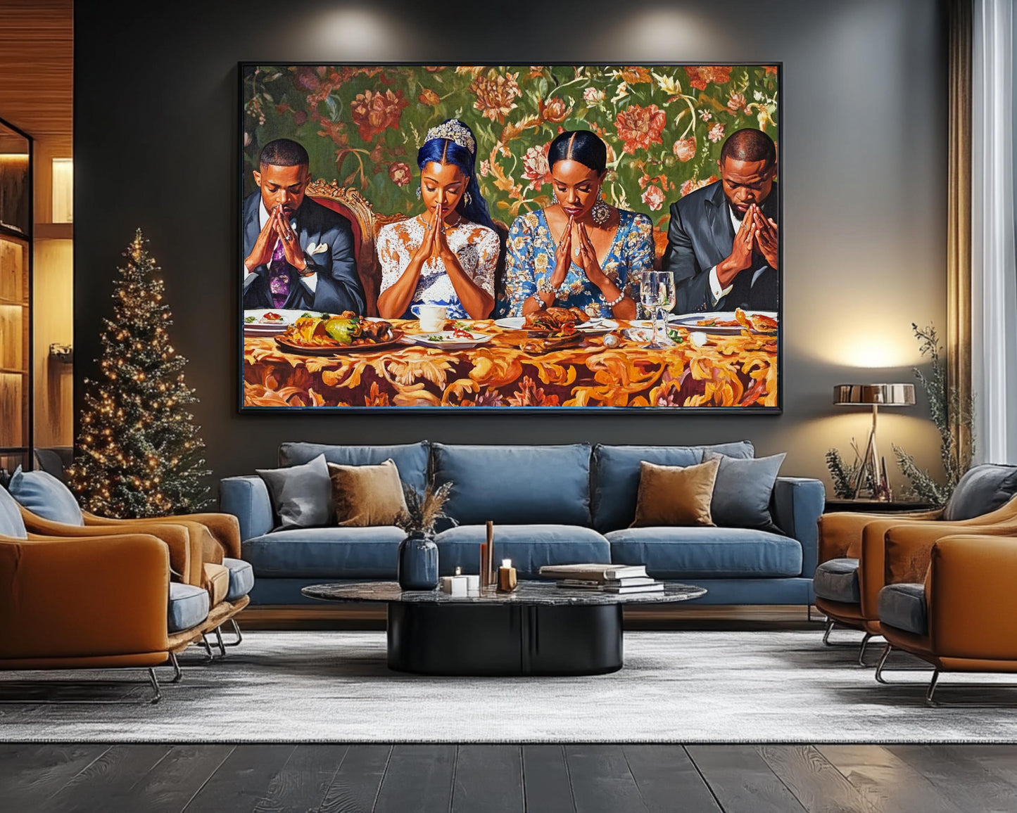 Black Family in Prayer Before Dinner | African American Art | Spiritual Unity Canvas Print | Elegant Religious Wall Art | Modern Home Decor