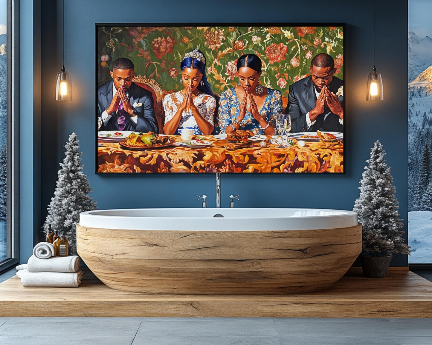 Black Family in Prayer Before Dinner | African American Art | Spiritual Unity Canvas Print | Elegant Religious Wall Art | Modern Home Decor