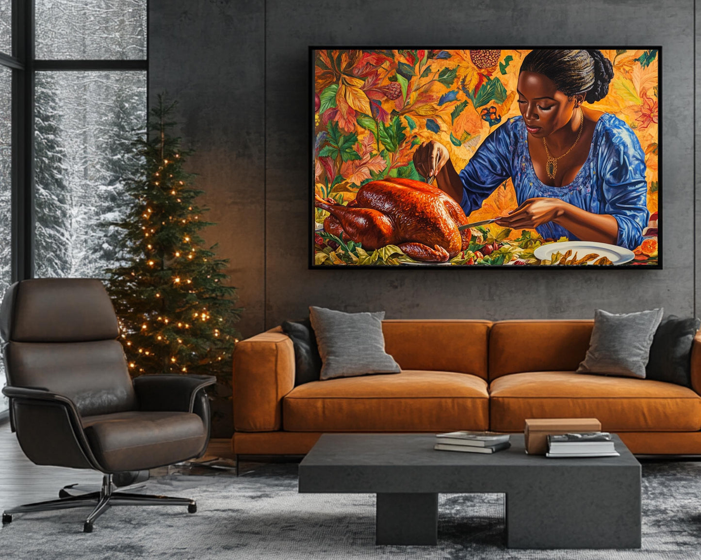 Black Mother Carving Thanksgiving Turkey | African American Fall Art | Thanksgiving Dinner Canvas | Holiday Wall Art | Autumn Home Decor