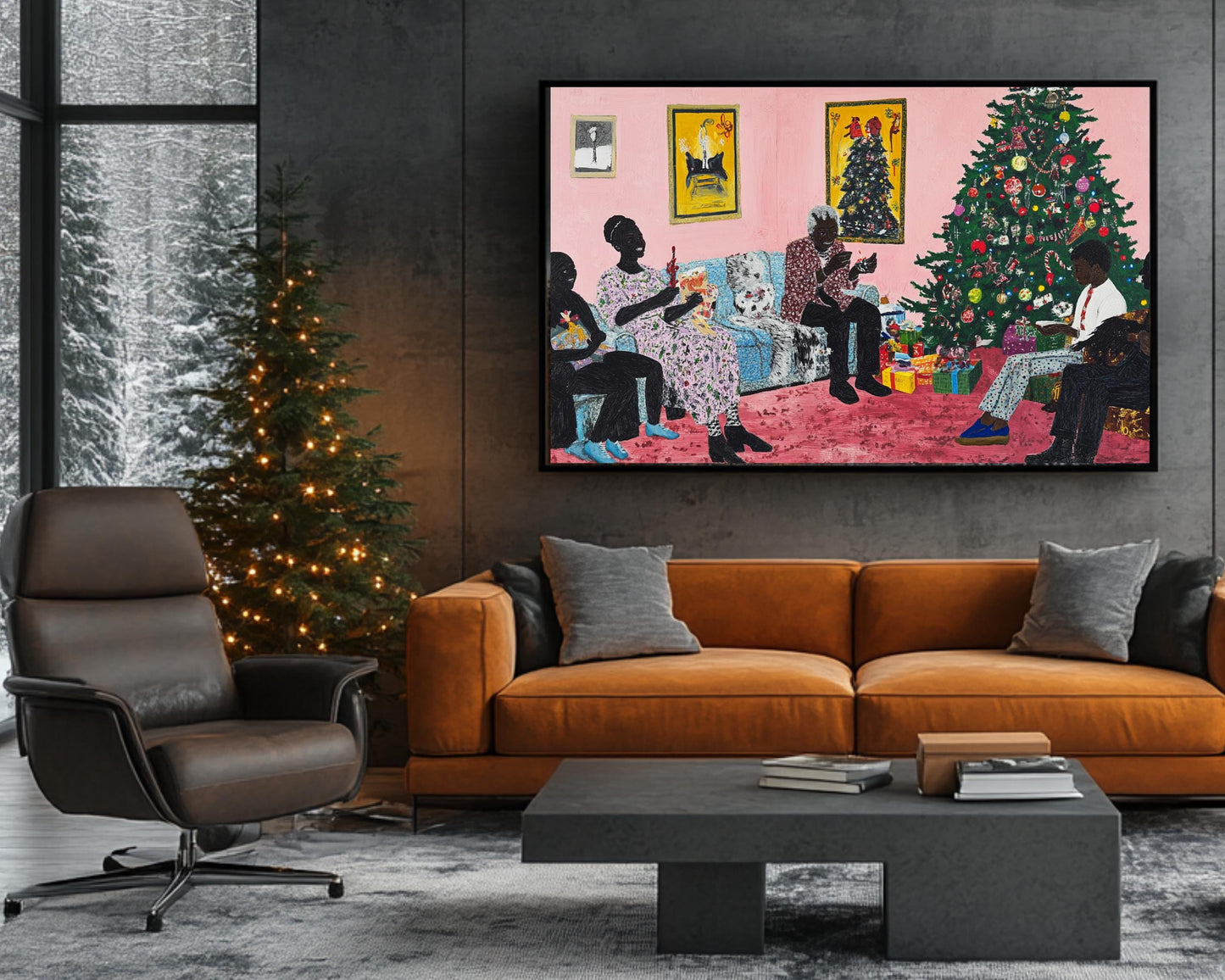 Black Family Christmas Gathering | African American Holiday Art | Christmas Tree Canvas Print | Family Time Wall Art | Festive Home Decor