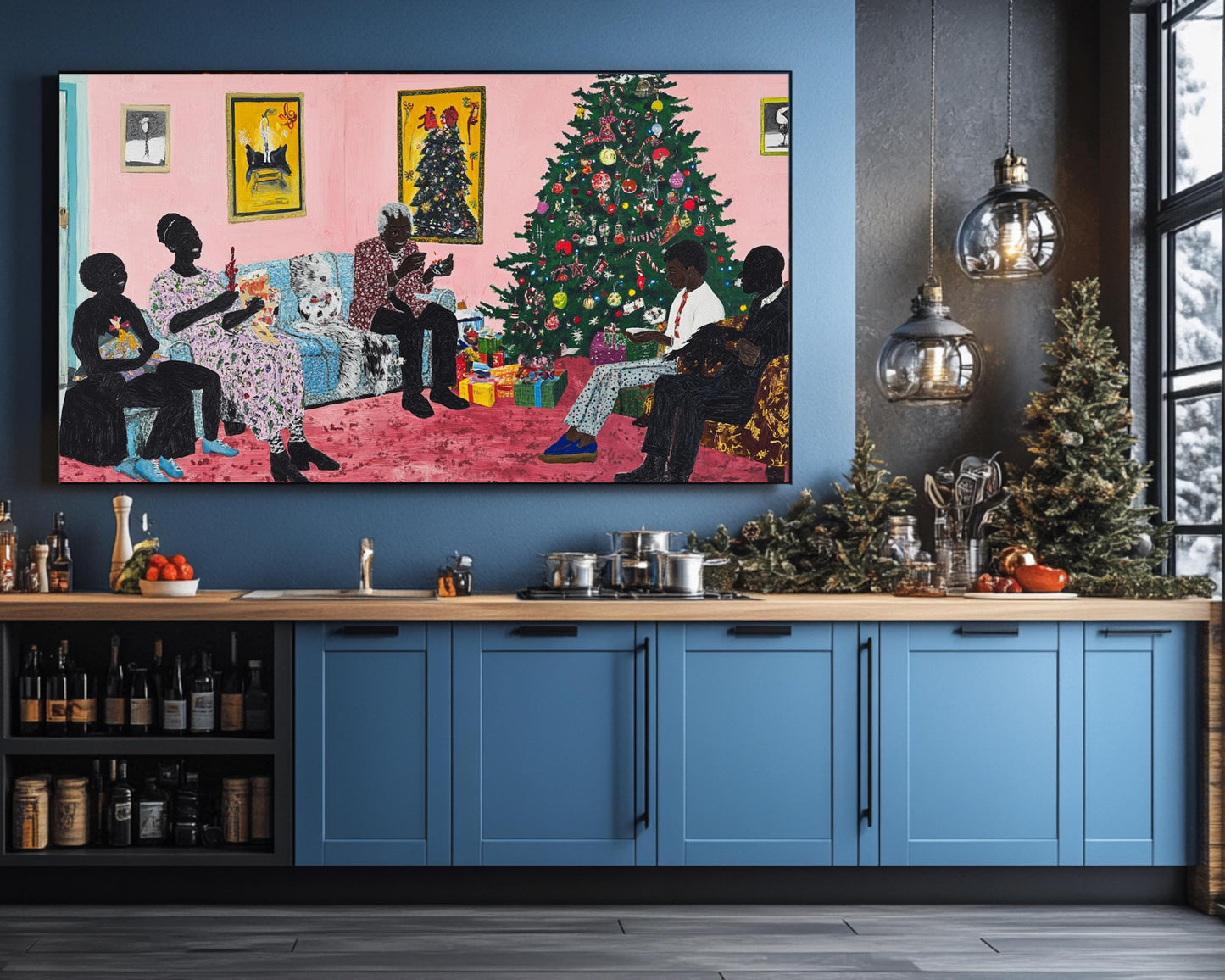 Black Family Christmas Gathering | African American Holiday Art | Christmas Tree Canvas Print | Family Time Wall Art | Festive Home Decor