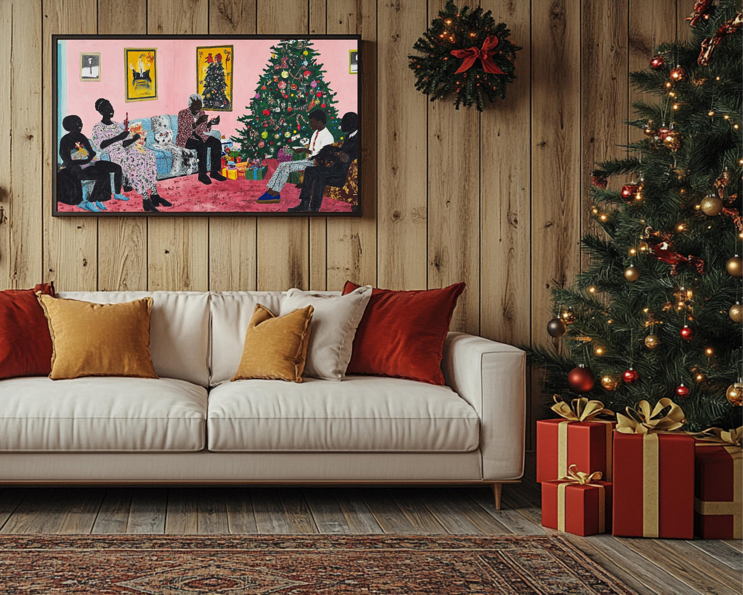 Black Family Christmas Gathering | African American Holiday Art | Christmas Tree Canvas Print | Family Time Wall Art | Festive Home Decor