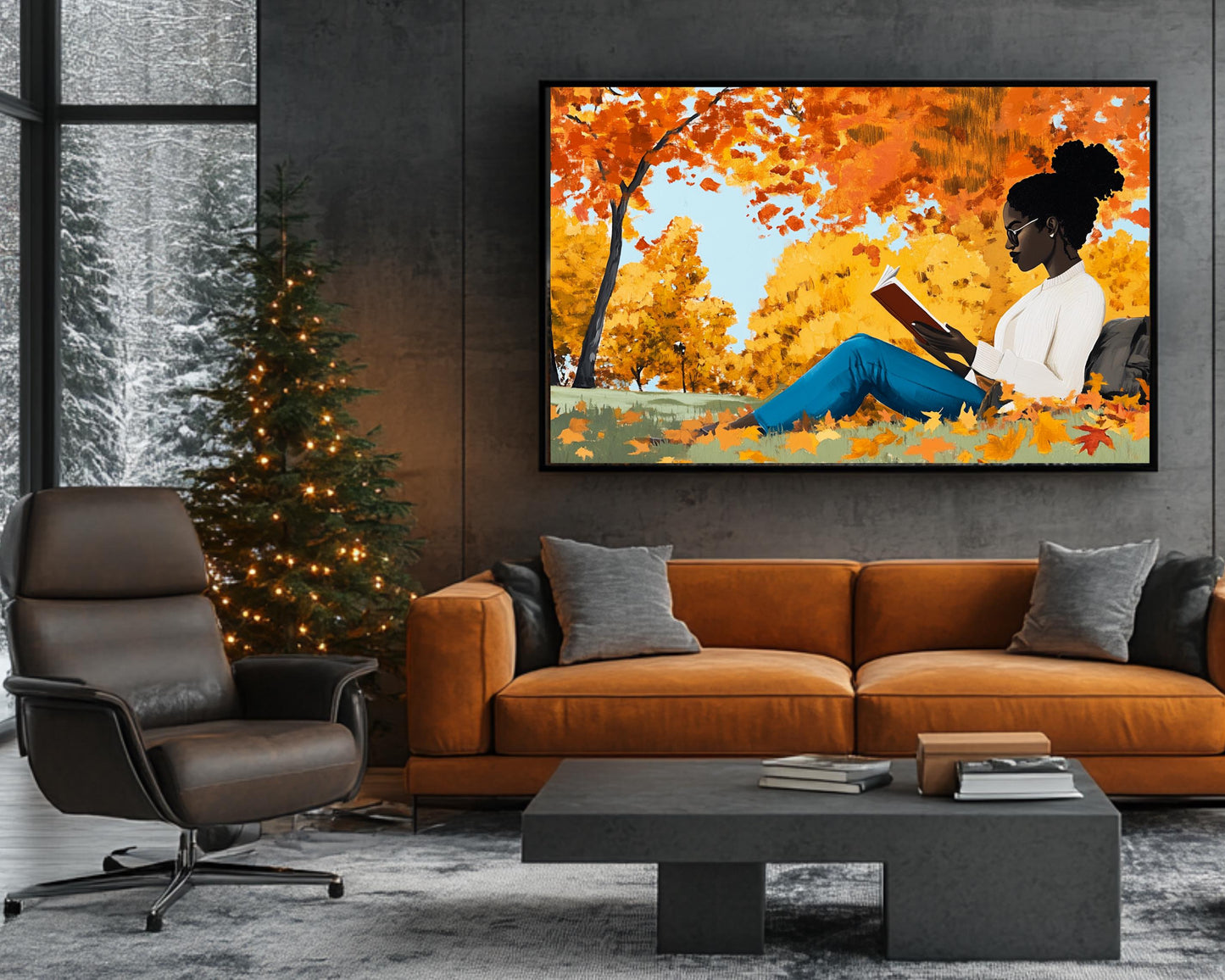 Black Woman Reading in Fall Park | African American Fall Art | Cozy Autumn Canvas Print | Relaxing Fall Decor | Modern Home Art