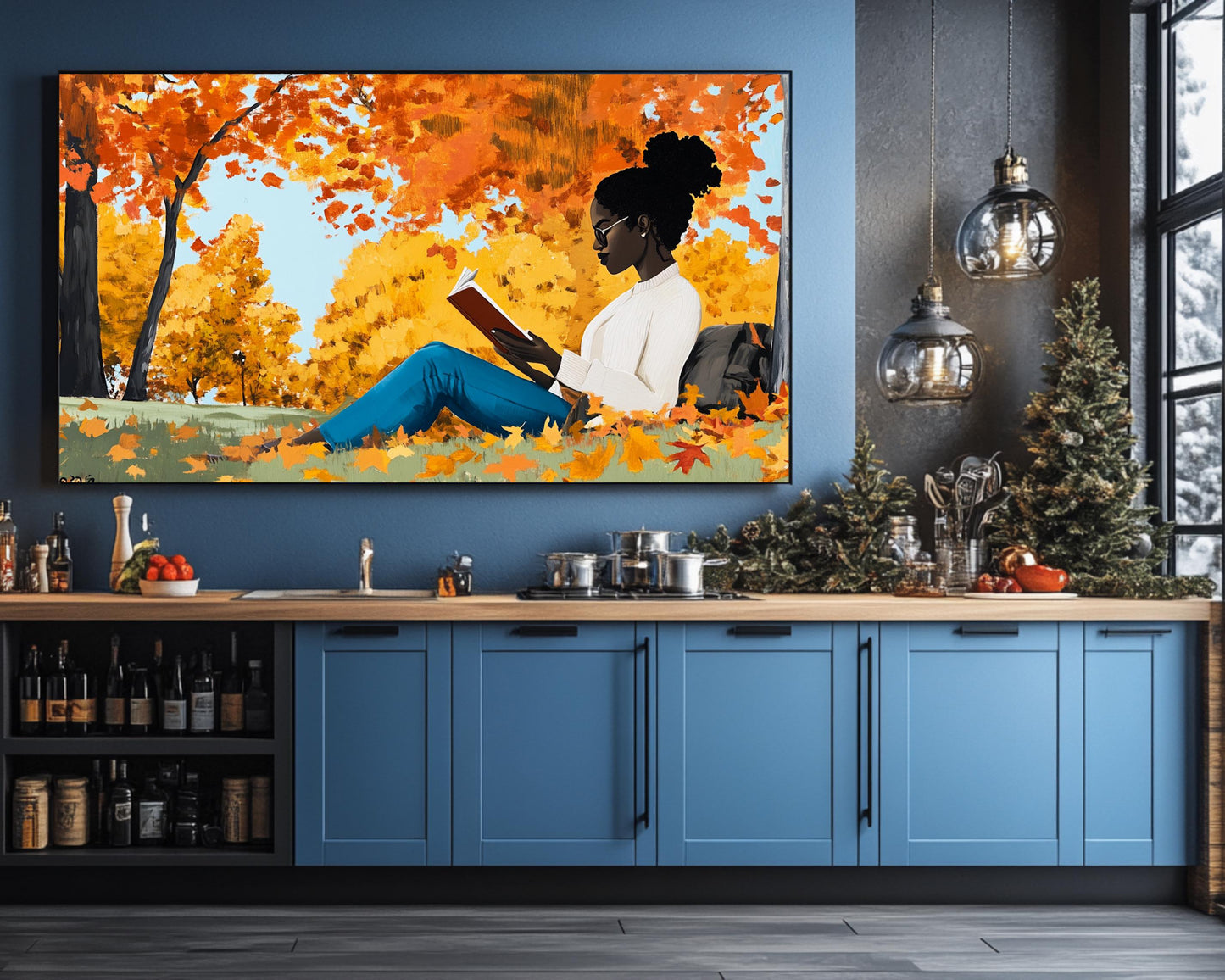 Black Woman Reading in Fall Park | African American Fall Art | Cozy Autumn Canvas Print | Relaxing Fall Decor | Modern Home Art