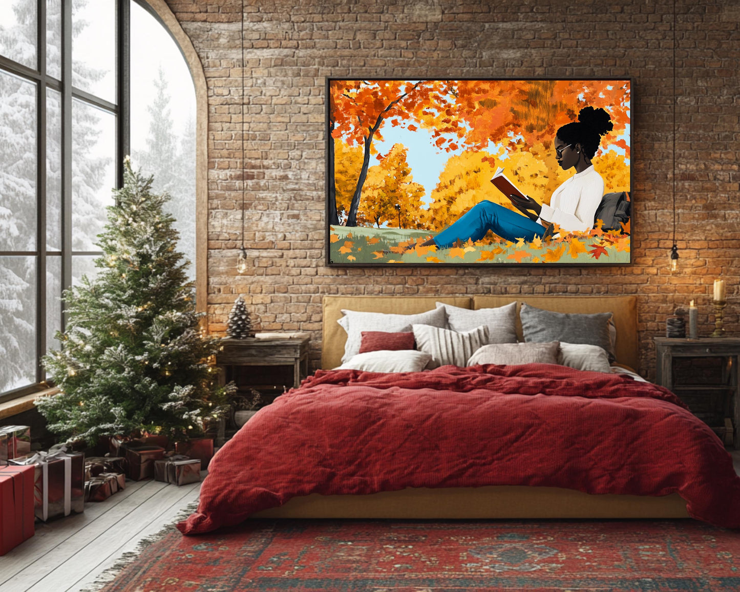 Black Woman Reading in Fall Park | African American Fall Art | Cozy Autumn Canvas Print | Relaxing Fall Decor | Modern Home Art