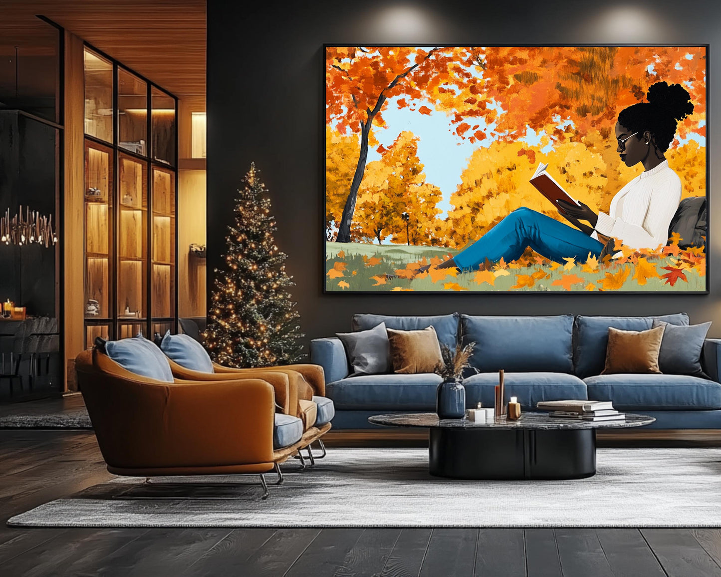 Black Woman Reading in Fall Park | African American Fall Art | Cozy Autumn Canvas Print | Relaxing Fall Decor | Modern Home Art