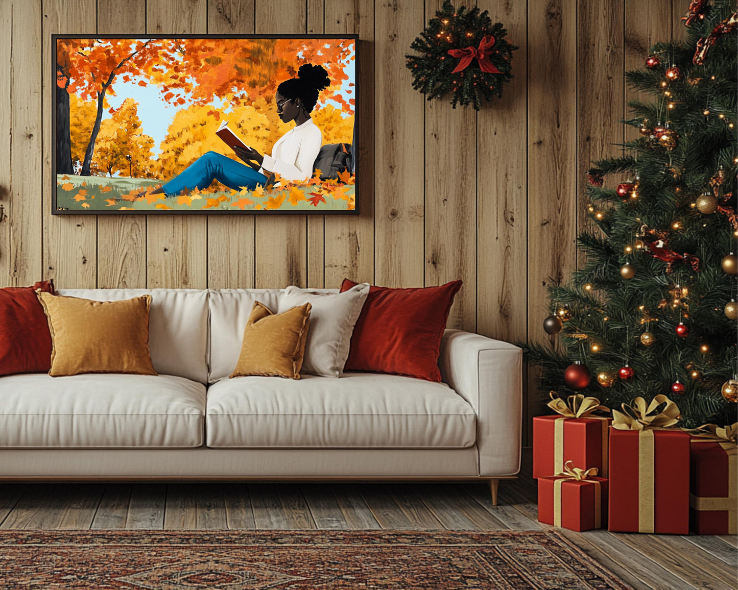 Black Woman Reading in Fall Park | African American Fall Art | Cozy Autumn Canvas Print | Relaxing Fall Decor | Modern Home Art