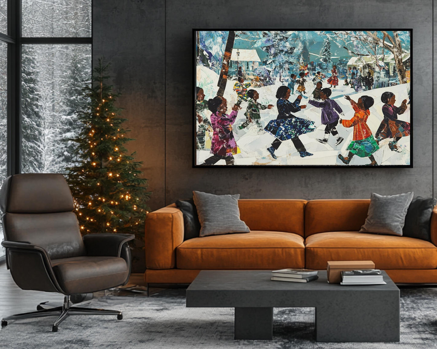 Black Children Playing in the Snow | African American Christmas Art | Festive Winter Scene Canvas | Holiday Wall Decor for Christmas